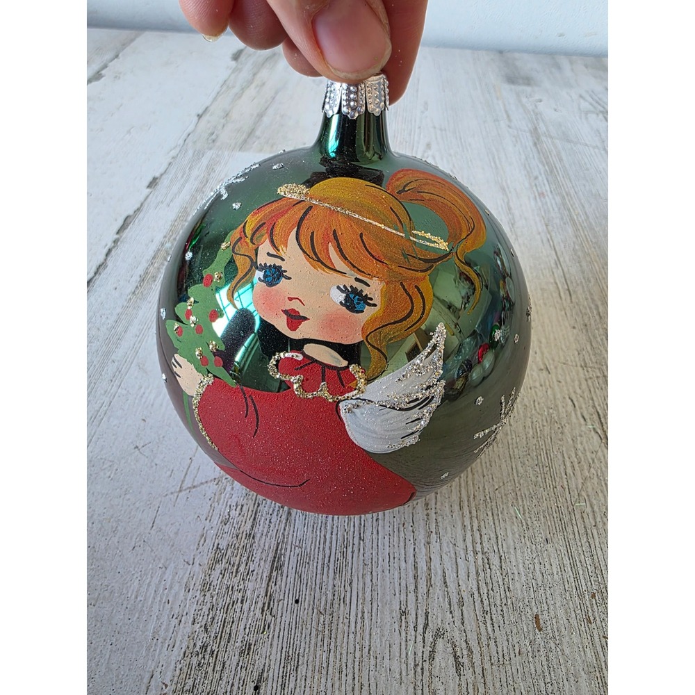 Glass angel cherub ball glitter ornament silver unique Xmas tree Italian style